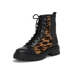 ❤️Vince Camuto Bestenda Black Leopard Leather Lace-Up Moto Lug Sole.
